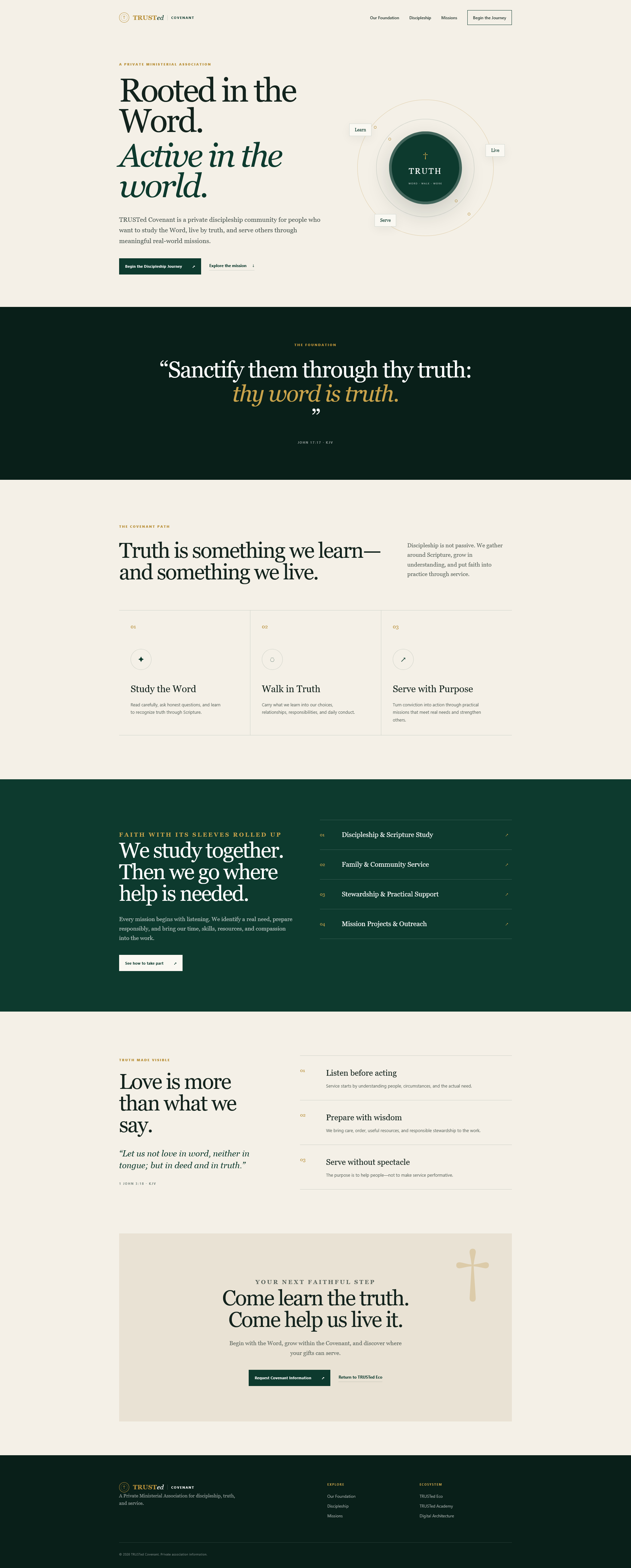 Full-page screenshot of the real TRUSTed Covenant public website