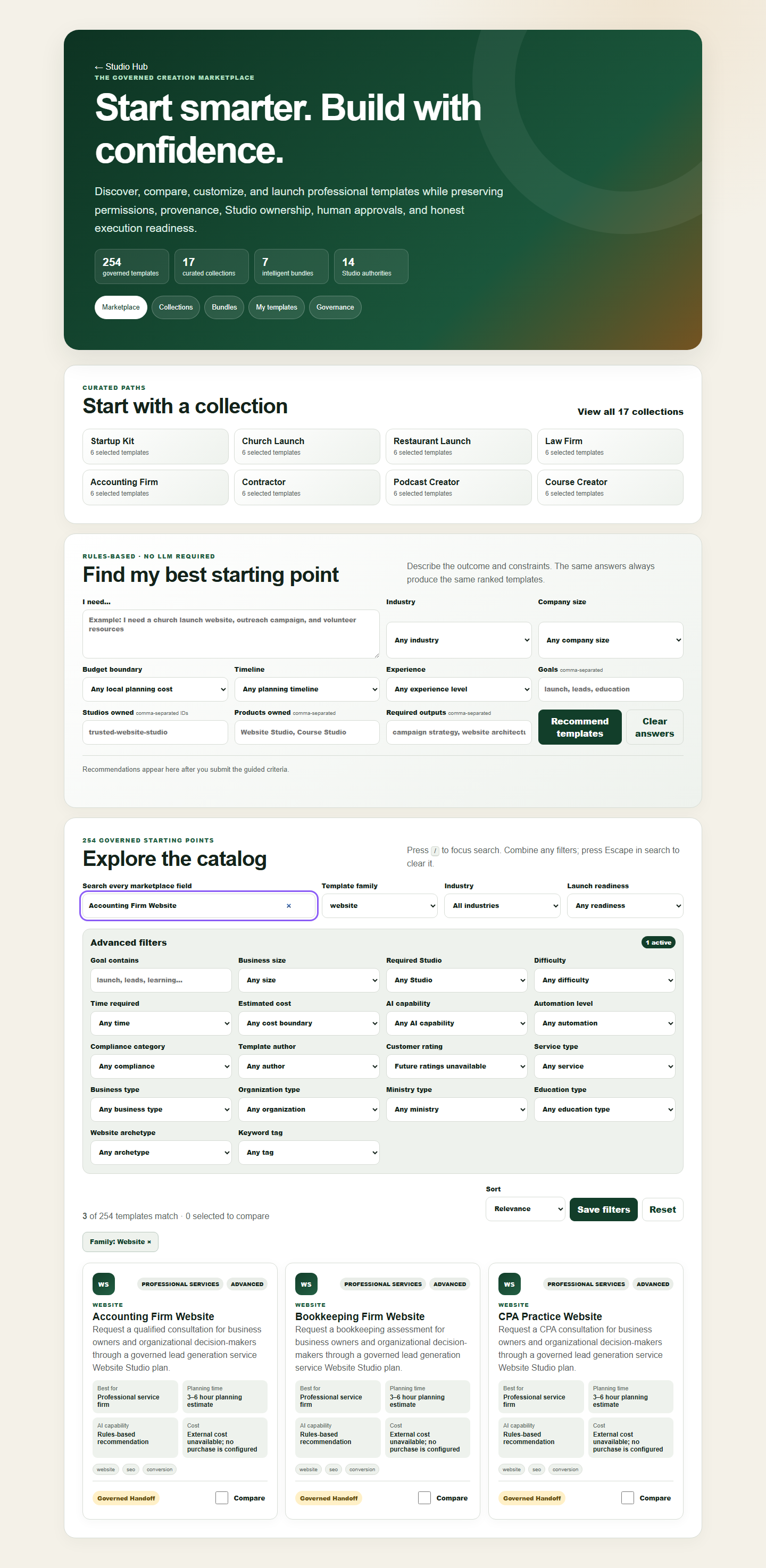 Screenshot of the real local TRUSTed Studio Hub prototype showing the governed template marketplace